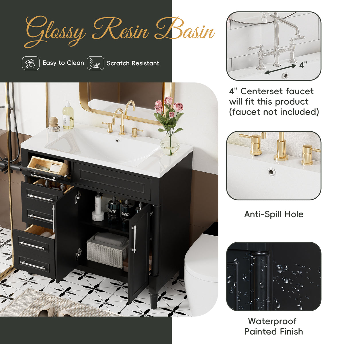 36'' Bathroom Vanity With Top Resin Sink, Freestanding Bathroom Storage Cabinet With 2 Drawers And A Tip Out Drawer, Solid Wood Frame Vanity Set, Height Adjustable Shelf 3 Black 2 2 Adjustable Shelves Bathroom Freestanding Solid Wood Mdf Resin Painted