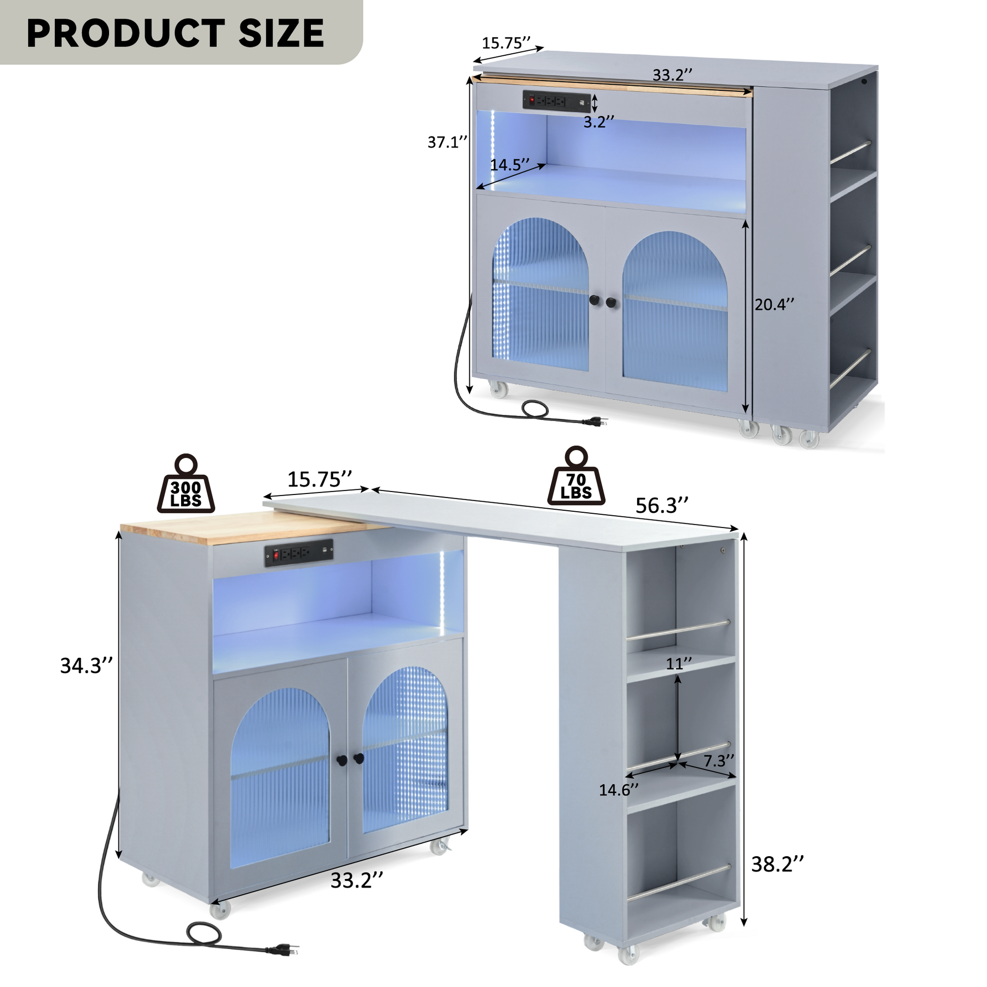 K&K Rolling Kitchen Island With Extended Table, Kitchen Island On Wheels With Led Lights,Power Outlets And 2 Fluted Glass Doors, Kitchen Island With A Storage Compartment And Side 3 Open Shelves, Grey Grey Blue Kitchen Classic,European,Modern Rectangular