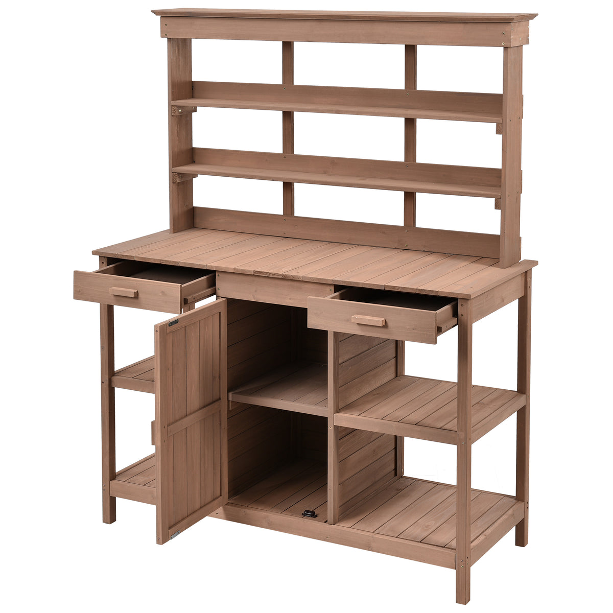 66" Large Outdoor Farmhouse Wooden Potting Bench Table, Garden Workstation With 2 Drawers, Cabinet And Open Shelves For Backyard, Mudroom, Brown Brown Garden & Outdoor Casual Wood Solid Wood