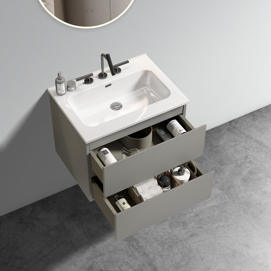 Tia 24" Wall Mount Space Grey Bathroom Vanity With Ceramic Sink With Three Faucet Holes, Large Storage Floating Bathroom Vanity For Modern Bathroom, One Piece Sink Basin Without Drain, Pre Assembled