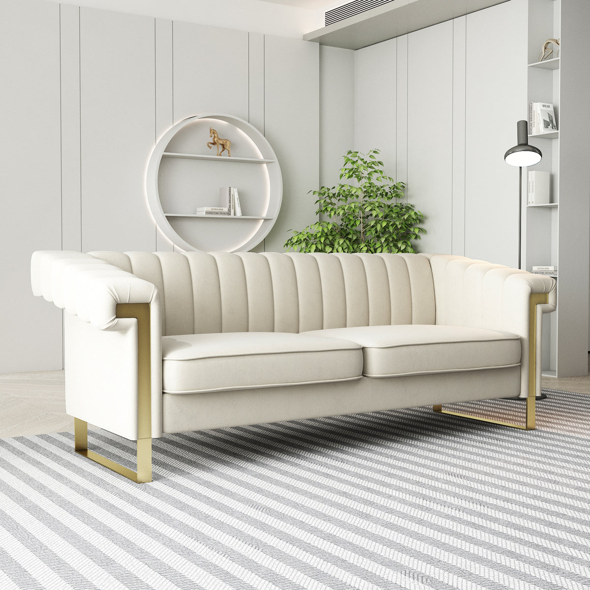 Fx P81 Cw2 Sofa Modern Cream Velvet Sofa With Gold Accents Sleek Channel Tufted Upholstery, 3 Seat Couch For Living Room And Office Decor Temu Suitable Cream White Velvet 3 Seat