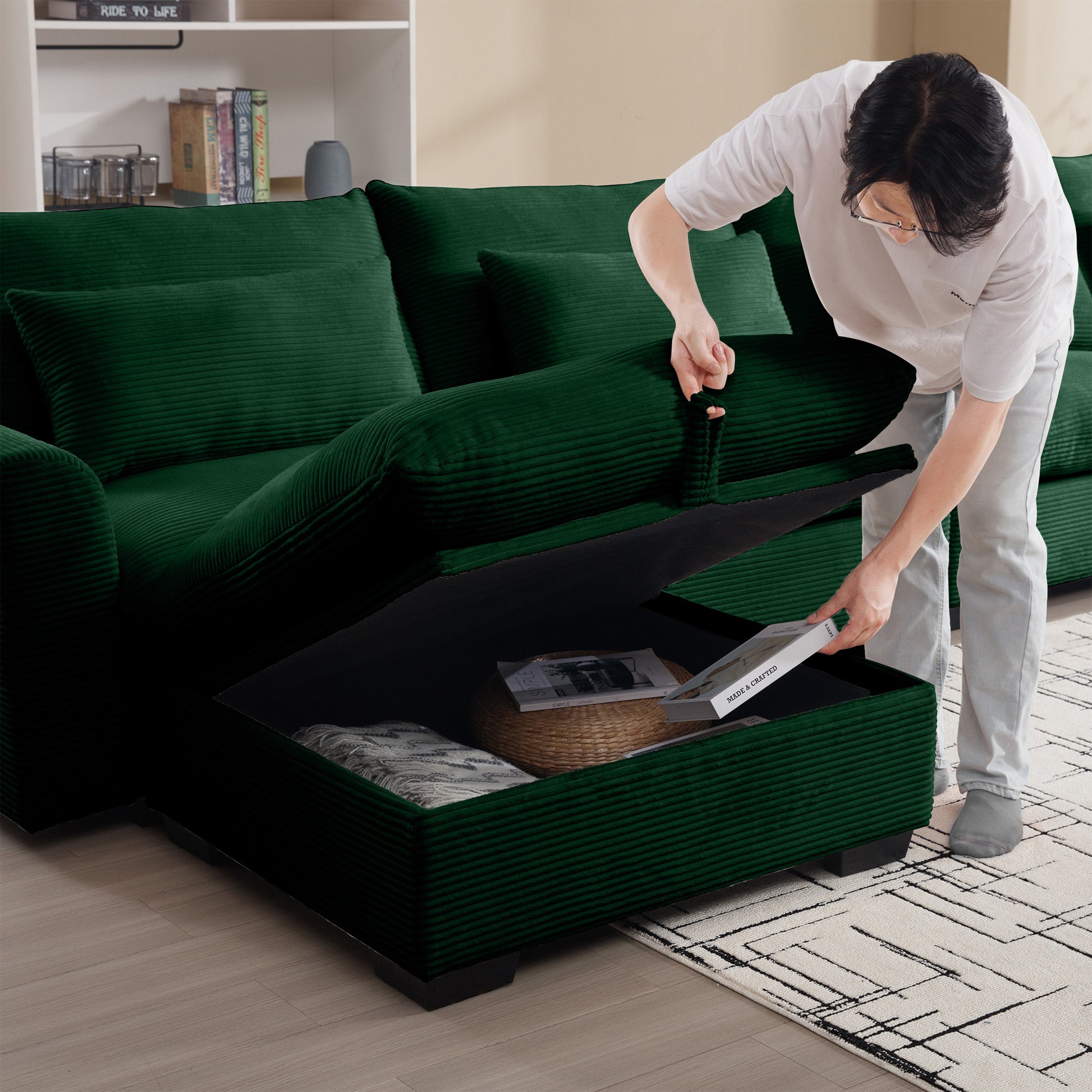Corduroy Two Seater Sofa With 2 Storage Footrest,2 Seater Sectional Deep Seat Sofa,Comfy Couches For Living Room,Green Sofa Green Corduroy 2 Seat