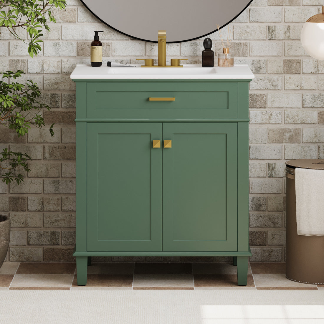 30 Inch Bathroom Vanity With Ceramic Basin, Soft Close Door And Adjustable Shelves Green Bathroom Solid Wood Mdf