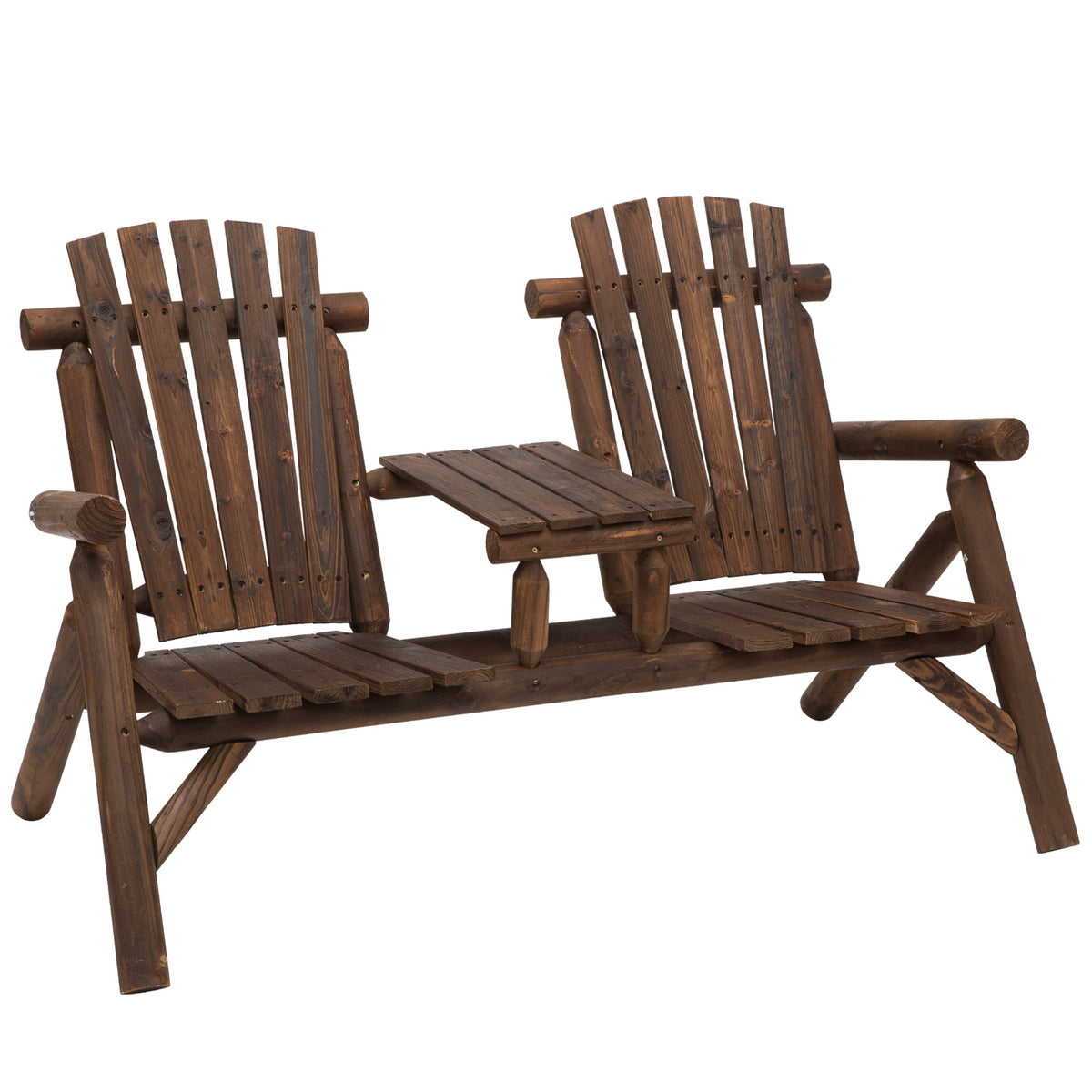 Outsunny 2 Seat Wooden Adirondack Chair, Patio Bench With Table, Outdoor Loveseat Fire Pit Chair For Porch, Backyard, Deck, Carbonized Brown Wood
