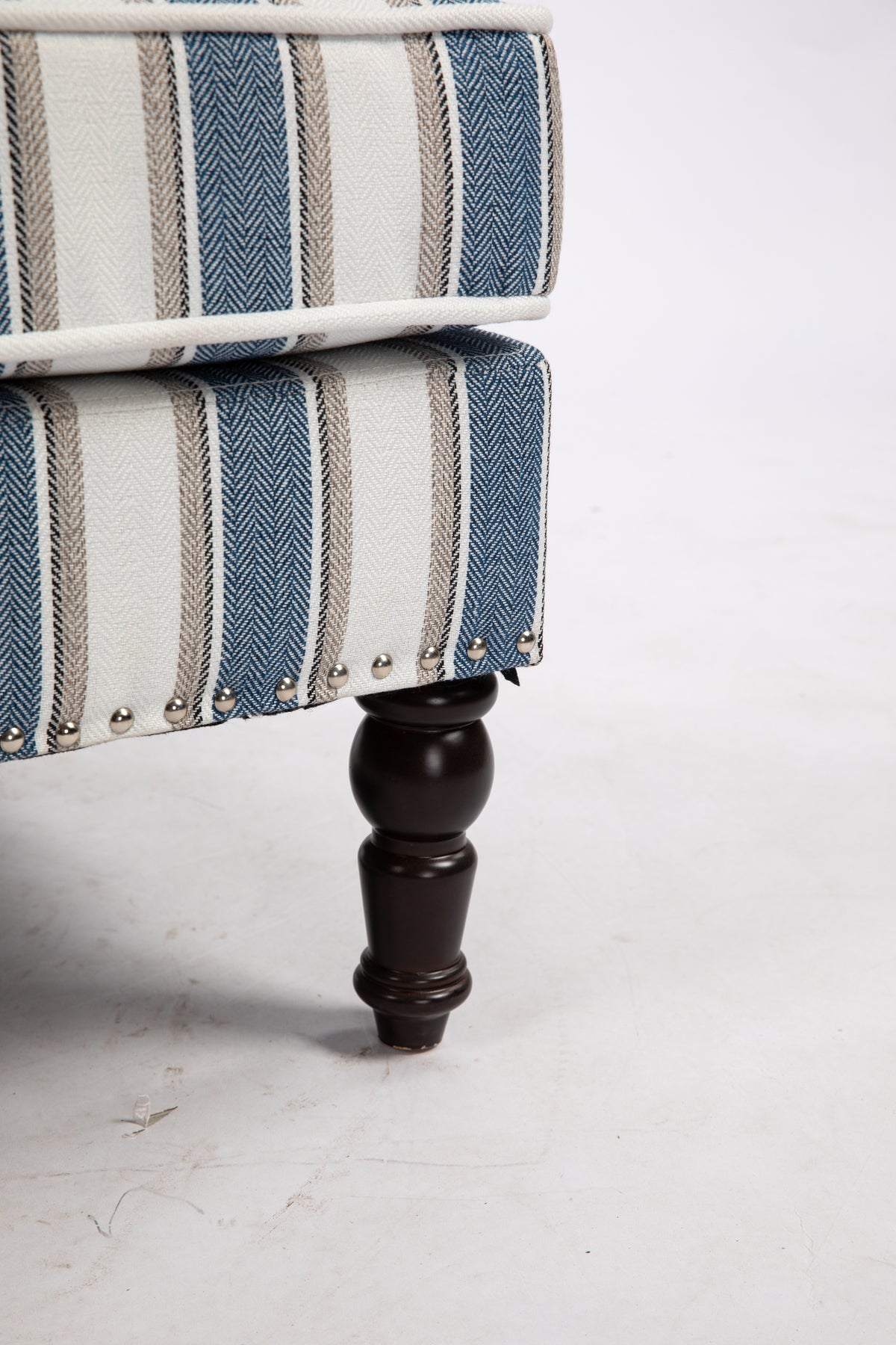Upholstered Accent Chair, Vintage Armchair With Blue And White Striped Linen Fabric And Trim For Living Room Blue Cotton