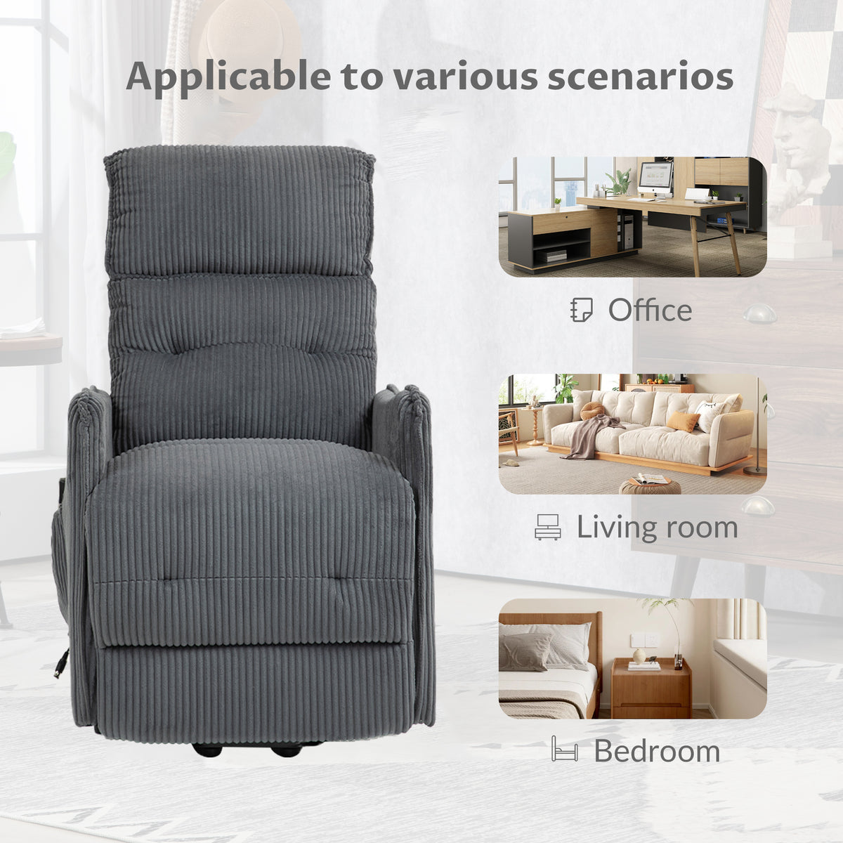 Coolmore Recliner Chair, Electric Recliner Chairs For Adults, Side Pocket Power Reclining Chair Pocket Springs Seat Cushion, Corduroy Fabric Recliner Sofa For Living Room, Bedroom, Home Theater Dg Dark Gray Foam Corduroy