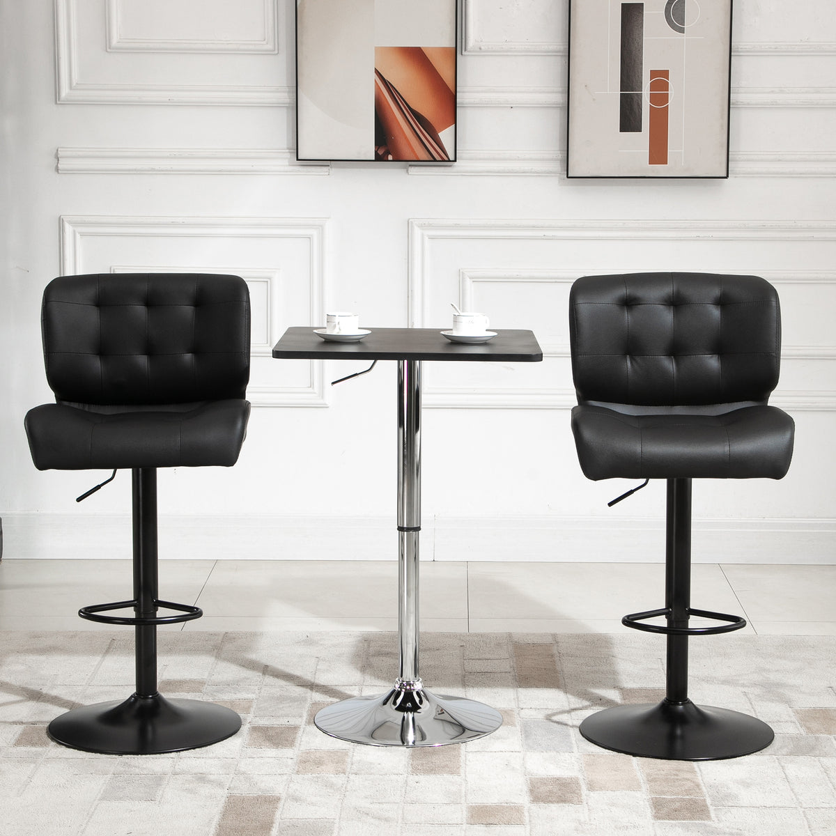 Homcom Bar Height Bar Stools Set Of 2 With Adjustable Seat, Thick Padded Cushion And Metal Footrest For Home Bar, Black Black Metal