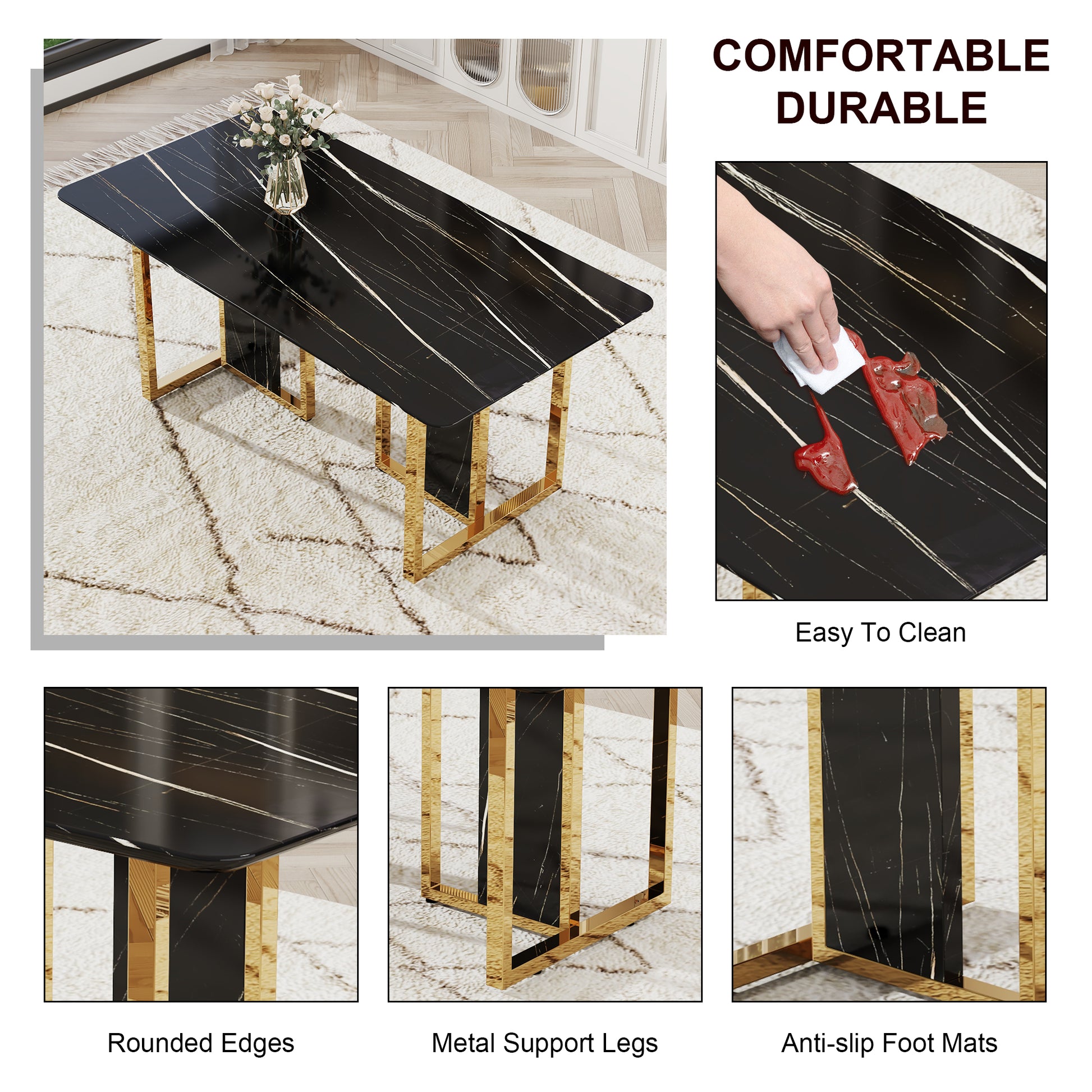 Table And Chair Set. Modern Dining Table With Mdf Top And Beautiful Mdf Legs. Equipped With Comfortable Pu Chairs And Metal Legs. Suitable For A Wide Range Of Decorative Styles. Black,Gray Seats 4 Mdf
