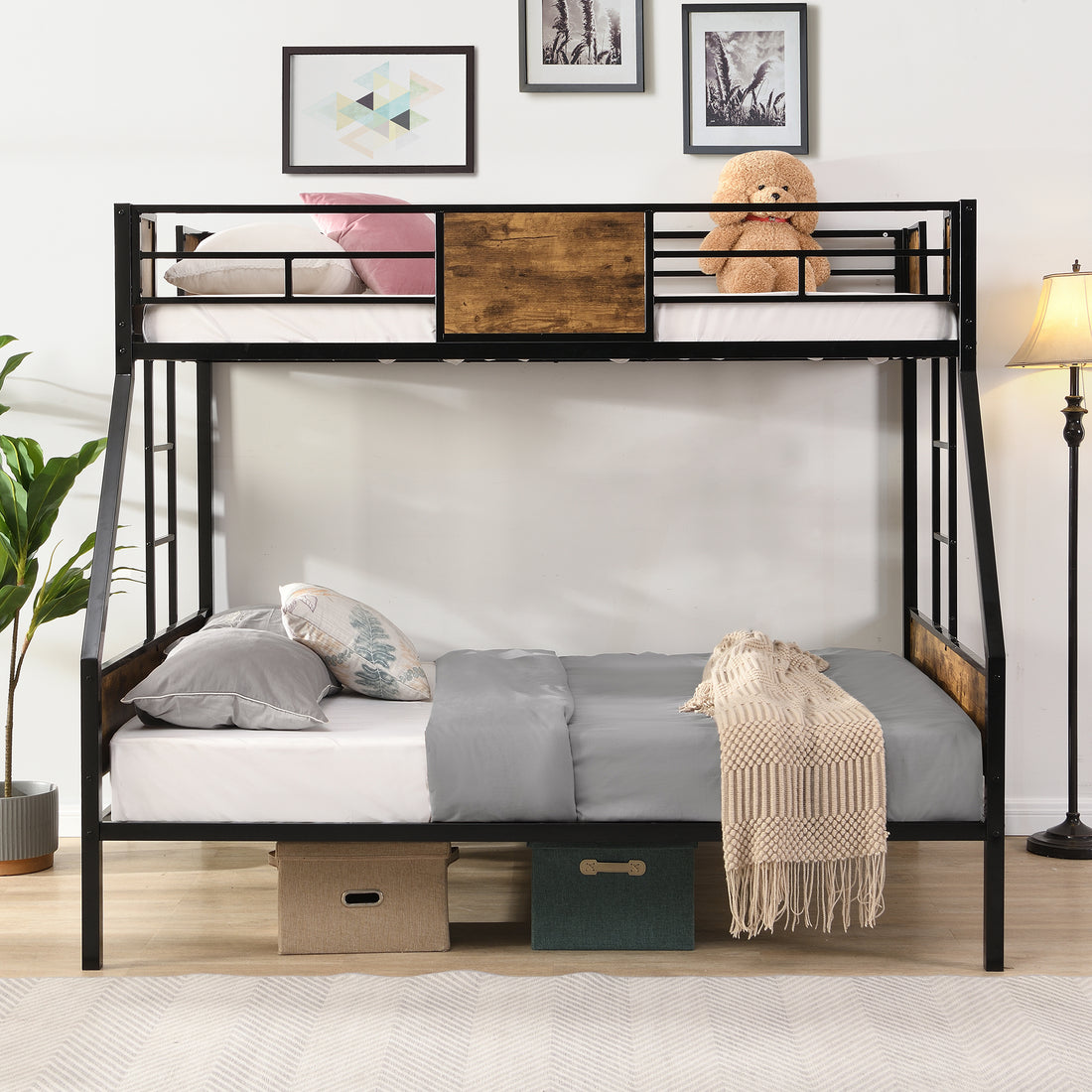 Twin Over Full Metal Bunk Bed With 2 Side Ladder And Full Length Guardrail, No Box Spring Needed, Large Under Bed Storage, Easy Assembleblack & Brown Full Black Brown Mdf Metal