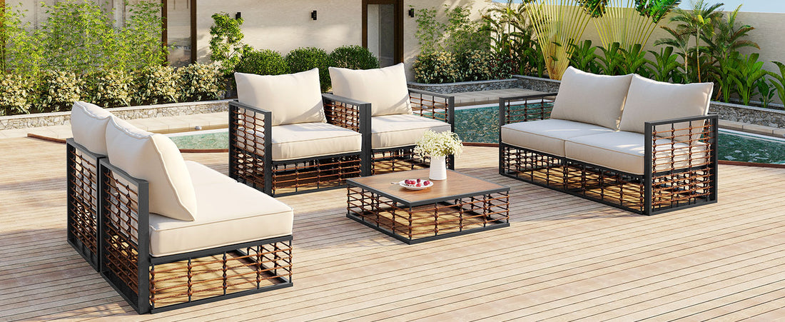 Modern Minimalist 7 Piece Metal Patio Sectional Sofa Set, All Weather Garden Conversational Furniture Set With Thick Cushions And Coffee Table For Indoor Outdoor, Gray Yes Deep Seating White Weather