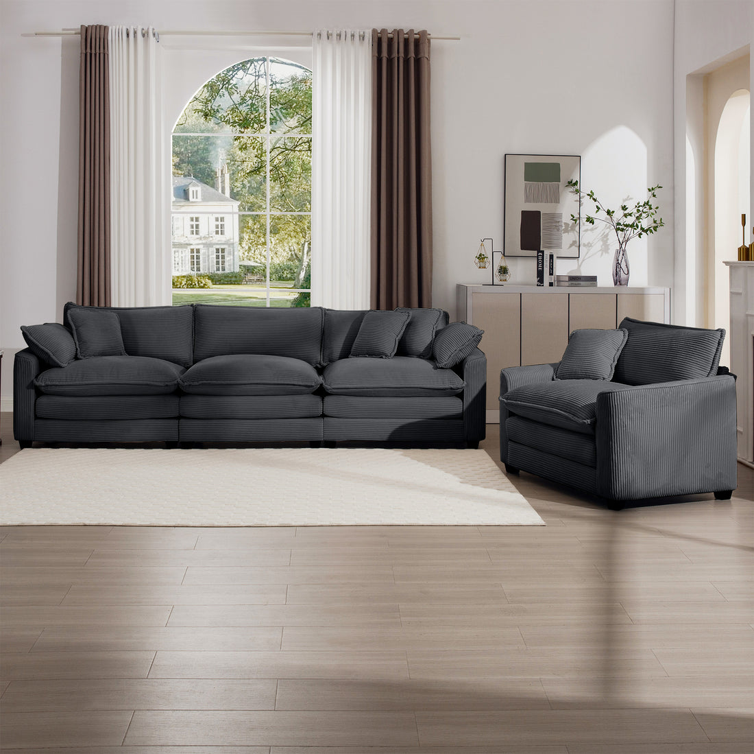 Mid Century Modern Sectional Set Of Two, One 3 Seater Sectional And One Single Seater Sectional With 2 Arm Pillows And 4 Throw Pillows, Living Room Sectional Grey Corduroy Fabric Grey Corduroy 4 Seat