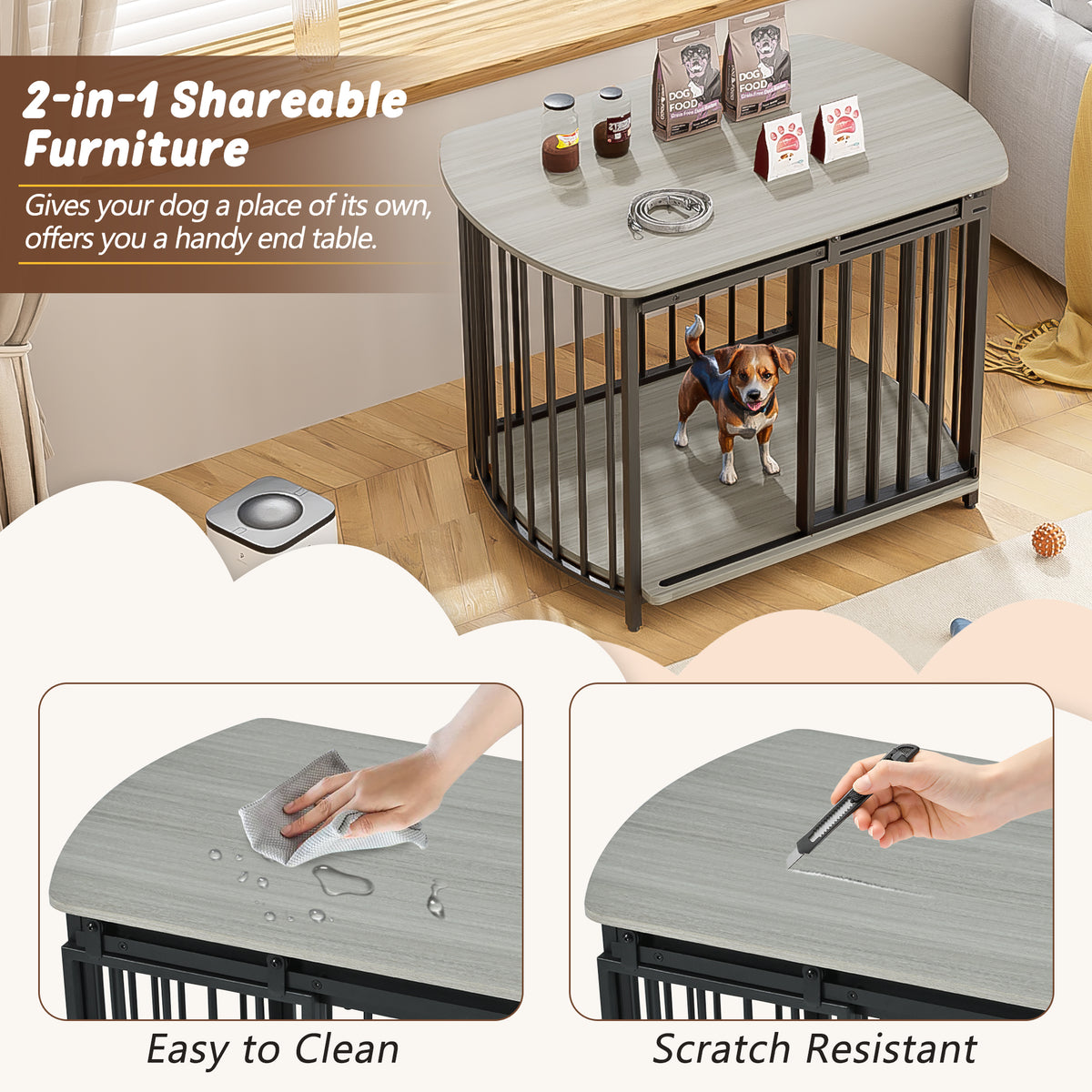31.5" Furniture Style Dog Crate For Small And Medium Dogs, Wooden Cage Indoor Kennel Furniture, Modern Dog Crate End Table With Double Doors, Gray Gray Pet Barrier Medium 26 40 Lbs Iron,Mdf
