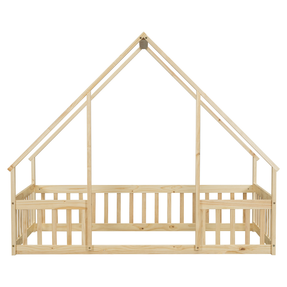 Twin Wood House Shaped Floor Bed With Fence, Guardrails ,Natural Twin Natural American Design Pine