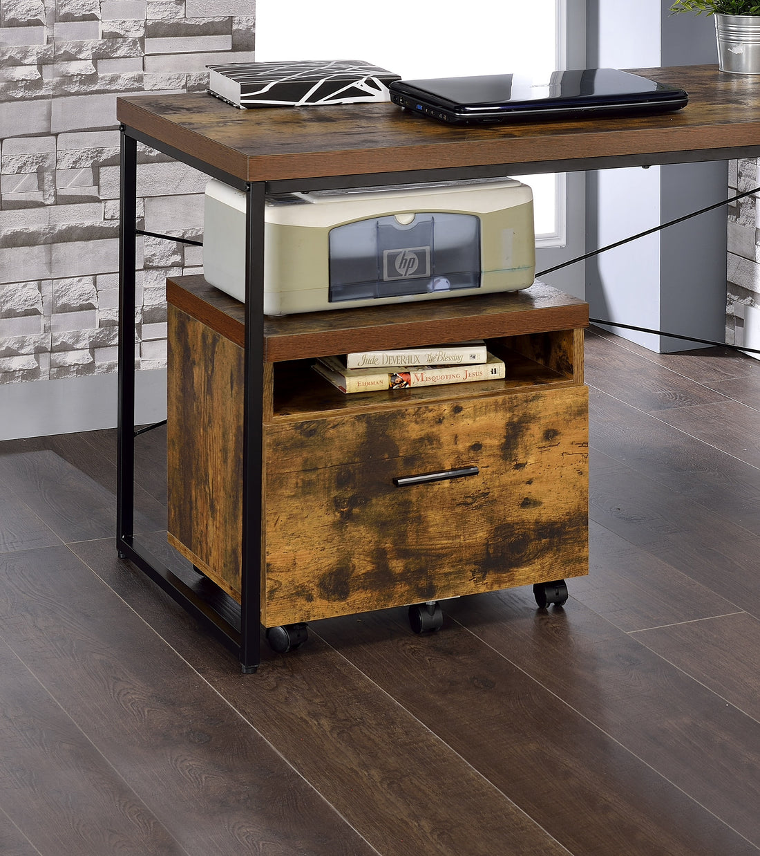 Bob Weathered Oak & Black Finish File Cabinet Oak Metal,Synthetic Wood