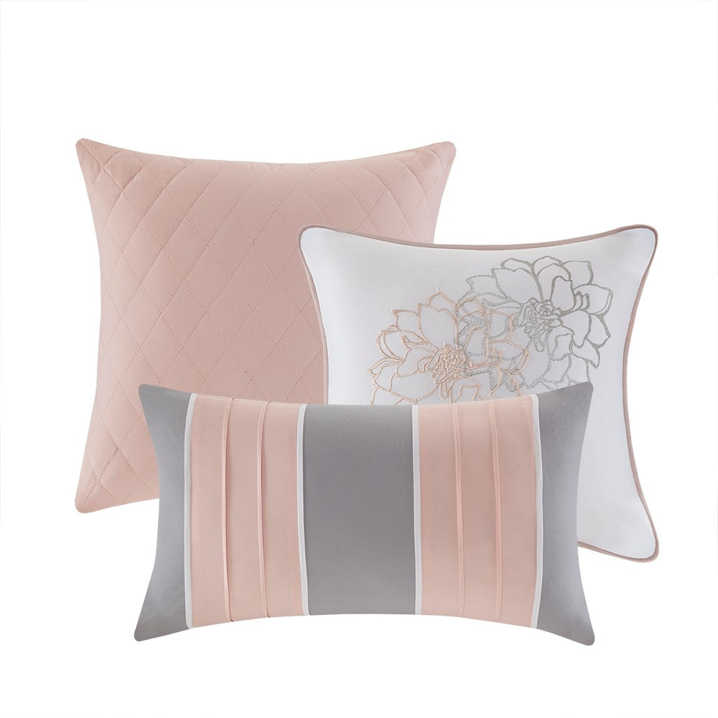 Printed Cotton Sateen Comforter Set Grey Peach Queen Queen Grey Peach Polyester