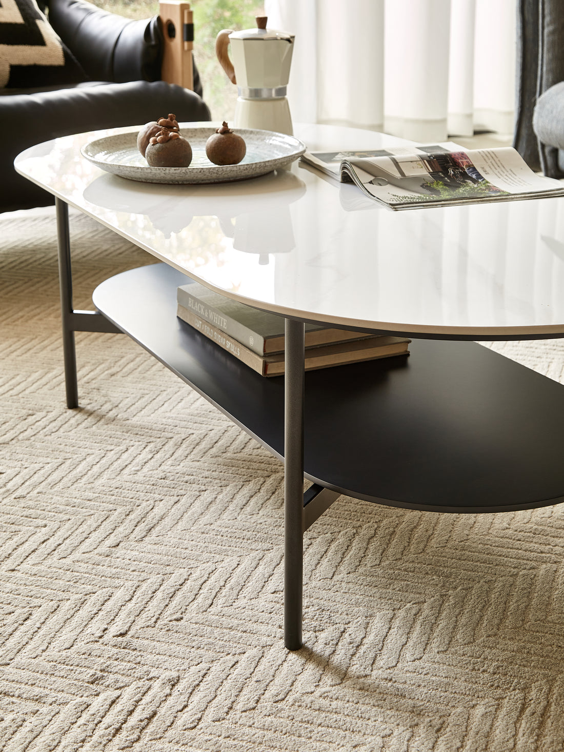 Coffee Table Ceramic Coffee Table, Mdf Painting Double Layer Coffee Table For Living Room, White Ceramic And Coffee Brown Bottom Shelf Black White Ceramic Mdf