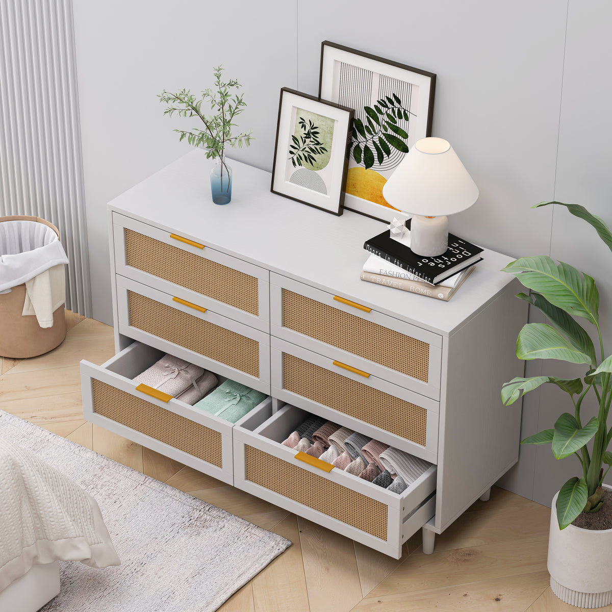 43.31"6 Drawers Rattan Storage Cabinet Rattan Drawer,For Bedroom,Living Room,White White Particle Board