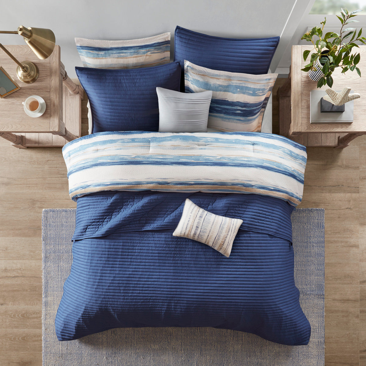 8 Piece Printed Seersucker Comforter And Quilt Set Collection Blue King Cal King King Blue Polyester