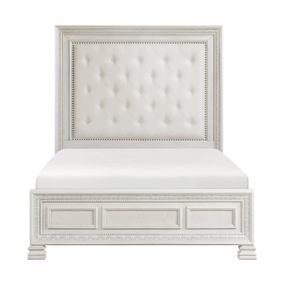Classic Luxury Pearl White Finish Queen Bed Button Tufted Upholstered Headboard Bedroom Furniture 1Pc, Dart Molding Design Panels Box Spring Required Queen White Wood Bedroom Bed Frame Polyester