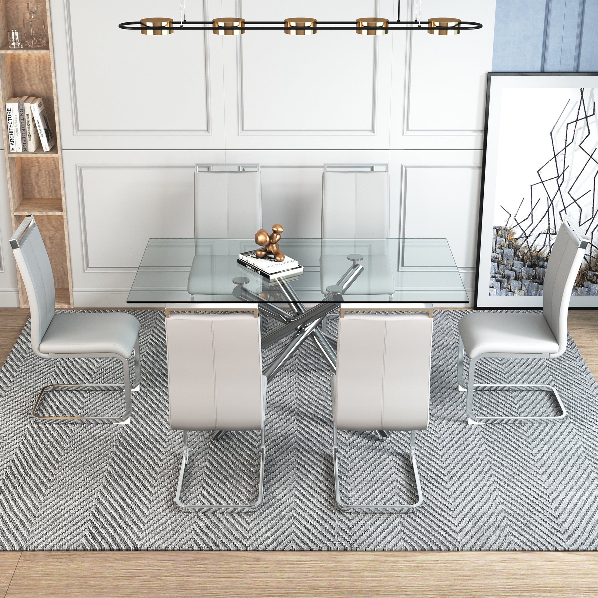 Large Modern Minimalist Rectangular Glass Dining Table For 6 8 With 0.39" Tempered Glass Tabletop And Silver Chrome Metal Legs, For Kitchen Dining Living Meeting Room Banquet Hall, 71''X39''X29''1537 Silver Glass