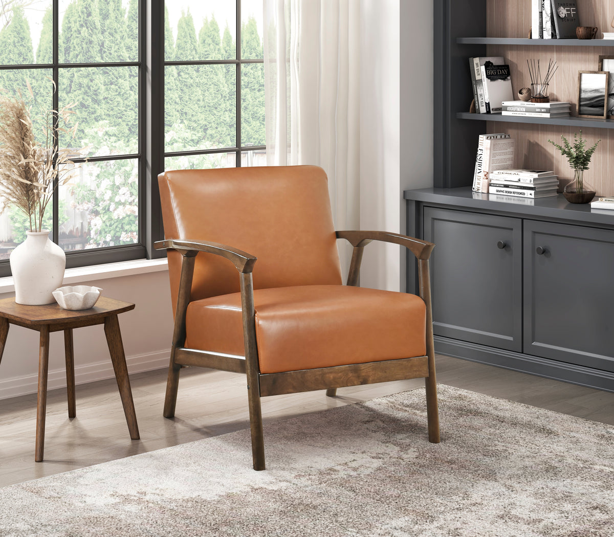 Brown Faux Leather Upholstered Accent Chair 1Pc Seat Cushion Solid Rubberwood Frame Living Room Furniture Brown Primary Living Space Rubberwood Solid Wood