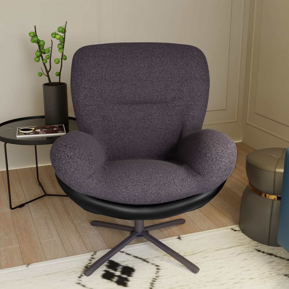 360 Swivel Accent Chair, Modern Chenille Lounge Chair With Faux Leather And Black Metal Base Frame, Comfortable Reading Chair For Small Spaces, Living Room, Bedroom, Reading Corner, Office, Dark Gray Black,Dark Gray Brown Primary Living Space
