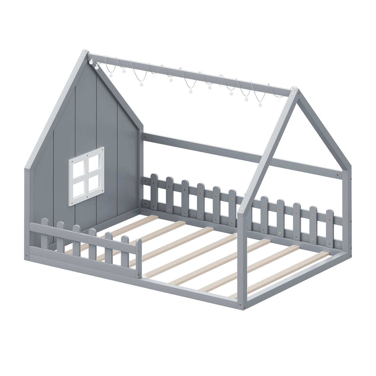 Full Size Wood House Bed With Window And Fence, Gray Old Sku: Wf304147Aae Box Spring Not Required Full Gray Wood Bedroom Pine Bed Frame Solid Wood Mdf