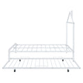 Full Size Metal Platform Bed With Twin Size Trundle,House Shaped Headboard Design, White Full White Metal