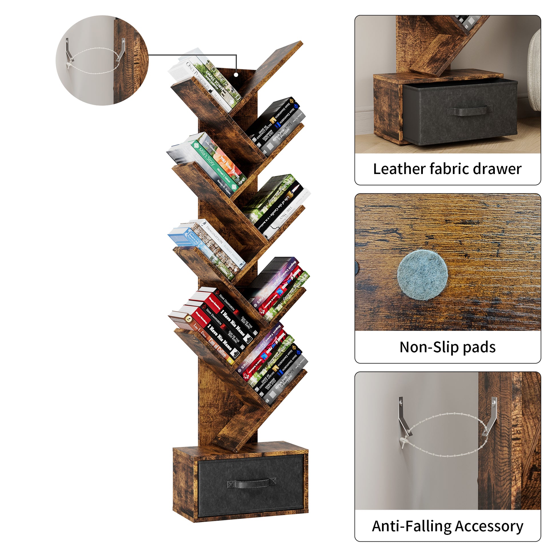 9 Tier Tree Bookshelf With Drawer Bookcase, Modern Book Storage, Free Standing Tree Bookcase, Utility Organizer Shelves For Home Office, Living Room, Bedroom, Rustic Brown Deep Rustic Brown Metal