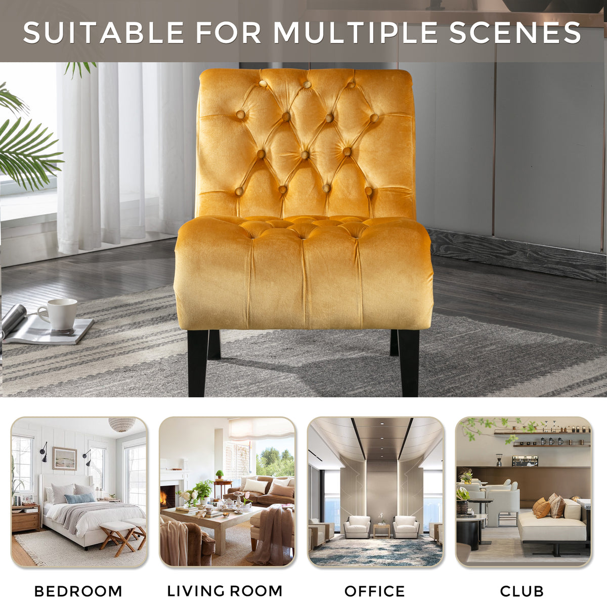 Coolmore Modern Velvet Armless Accent Living Room Chair Leisure Chair,Upholstered Fabric Button Comfortable Chair With Wooden Legs For Bedroom, Living Room, Office Mustard Velvet Mustard Primary Living Space Foam Velvet
