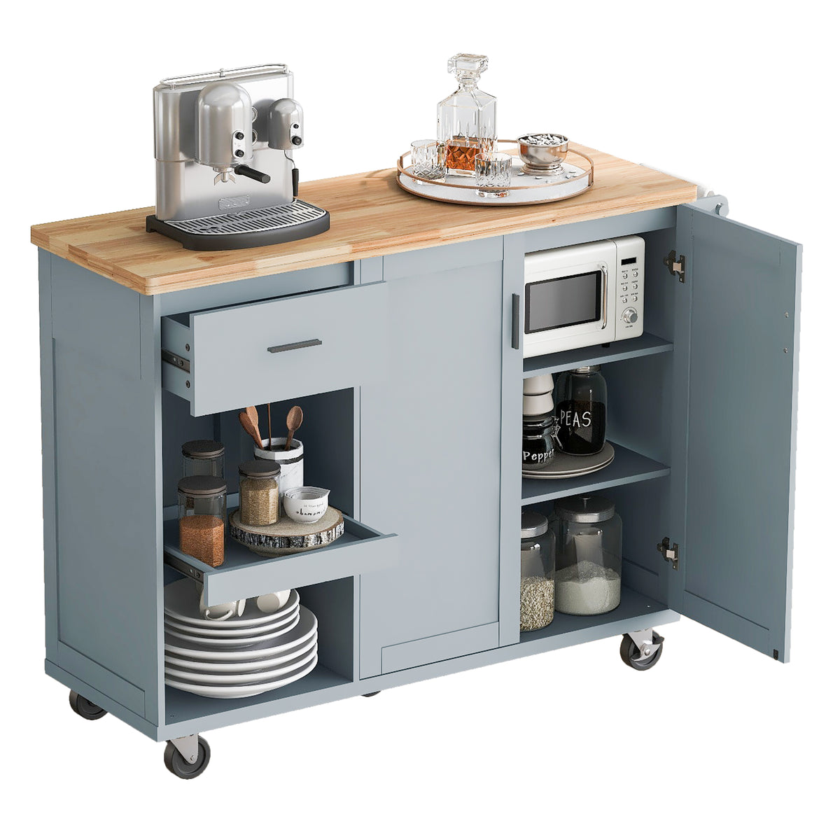 K&K Kitchen Island With Foldable Counter Top, Kitchen Storage Cart With Slide Out Shelf, Towel Rack And Drawer, Rolling Kitchen Cart On Wheels, For Kitchen, Living Room, Dining Room, Grey Blue Grey Blue Brown Kitchen Classic,Farmhouse,Luxury,Modern
