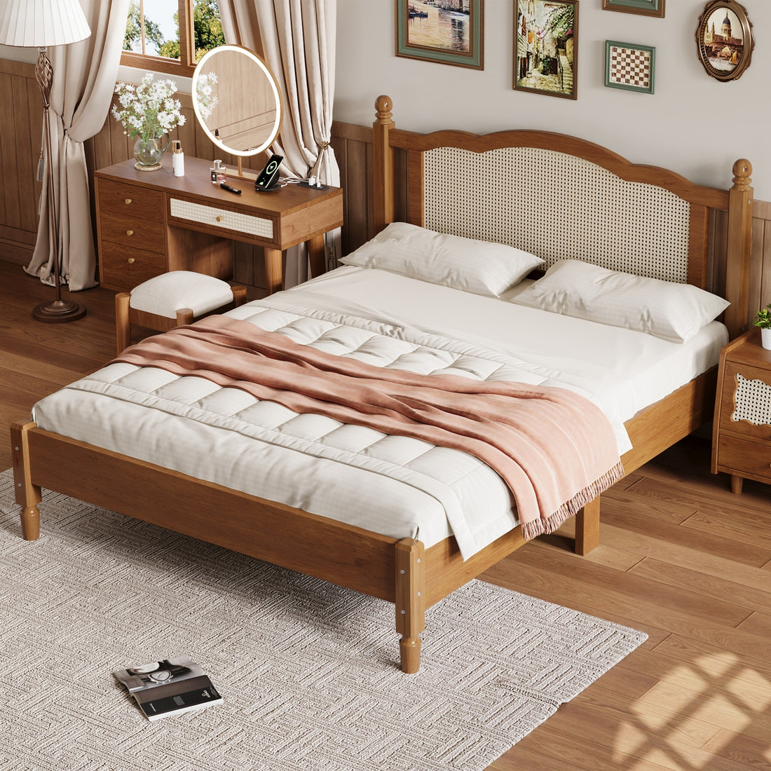 Queen Size Wooden Platform Bed With Natural Rattan Headboard, Vintage Bed Frame With Wooden Slat Support, Walnut Box Spring Not Required Queen Walnut Wood