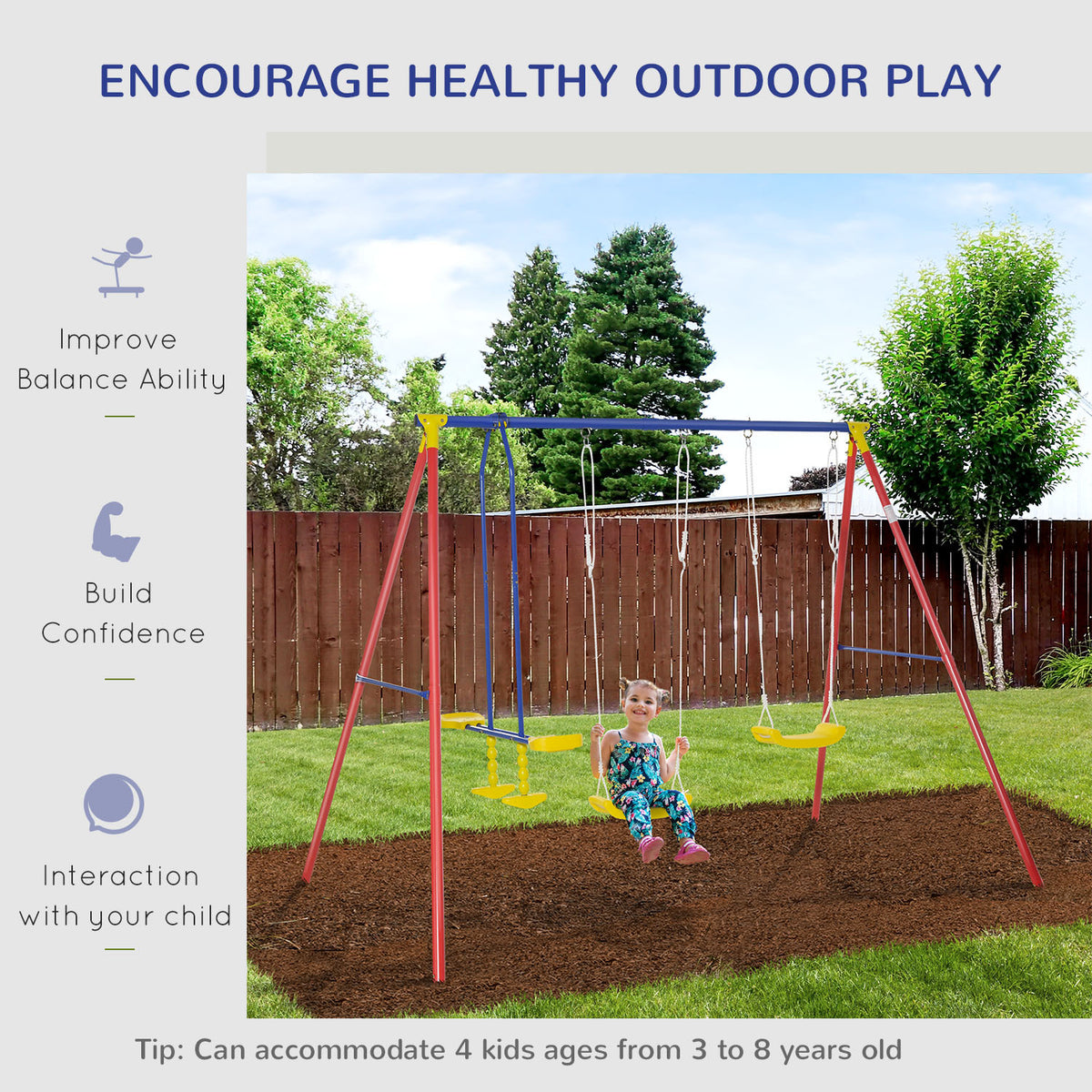Outsunny Metal Swing Set With Glider, Two Swing Seats And Adjustable Height, Outdoor Heavy Duty A Frame Suitable For Playground, Backyard, Multi Color Multicolor Metal