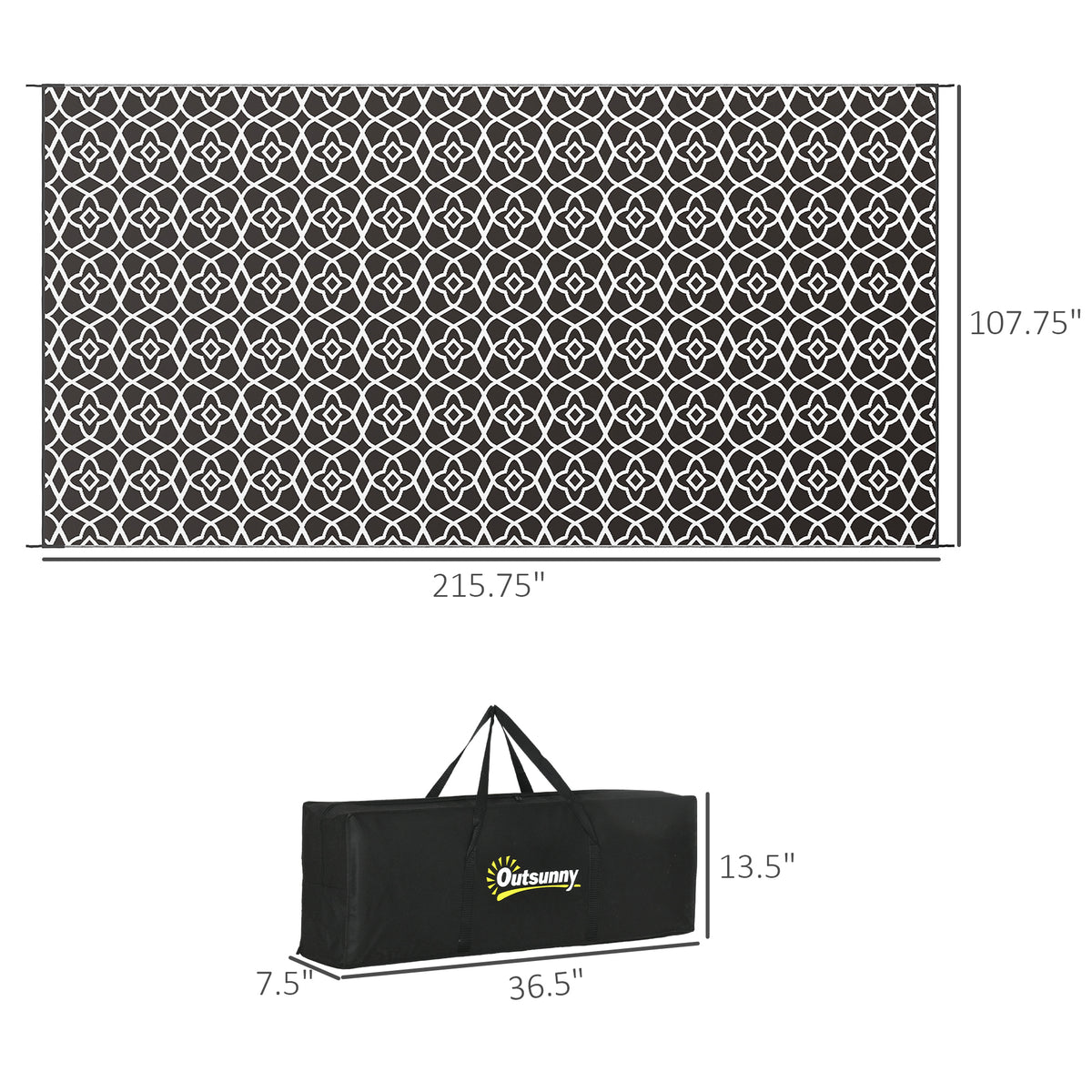 Outsunny Reversible Outdoor Rug, 9' X 18' Waterproof Plastic Straw Floor Mat, Portable Rv Camping Carpet With Carry Bag, Large Floor Mat For Backyard, Deck, Picnic, Beach, Black & White Cr Multicolor Polypropylene