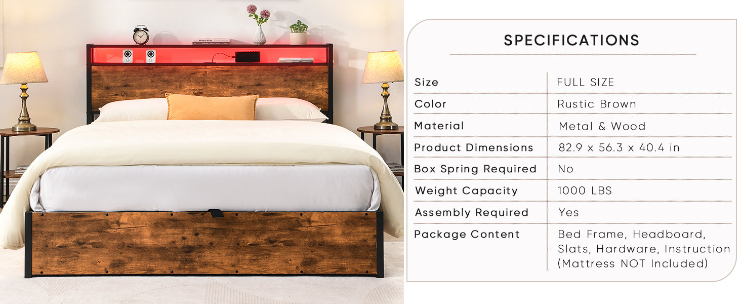 Lift Up Storage Bed Frame, Full Size Bed Frame With Bookcase Headboard & Led Lights, Wooden Platform Bed Frame With Charging Station, No Spring Box Needed, Rustic Brown Box Spring Not Required Full Rustic Brown Metal Brown Bedroom Industrial Bed Frame