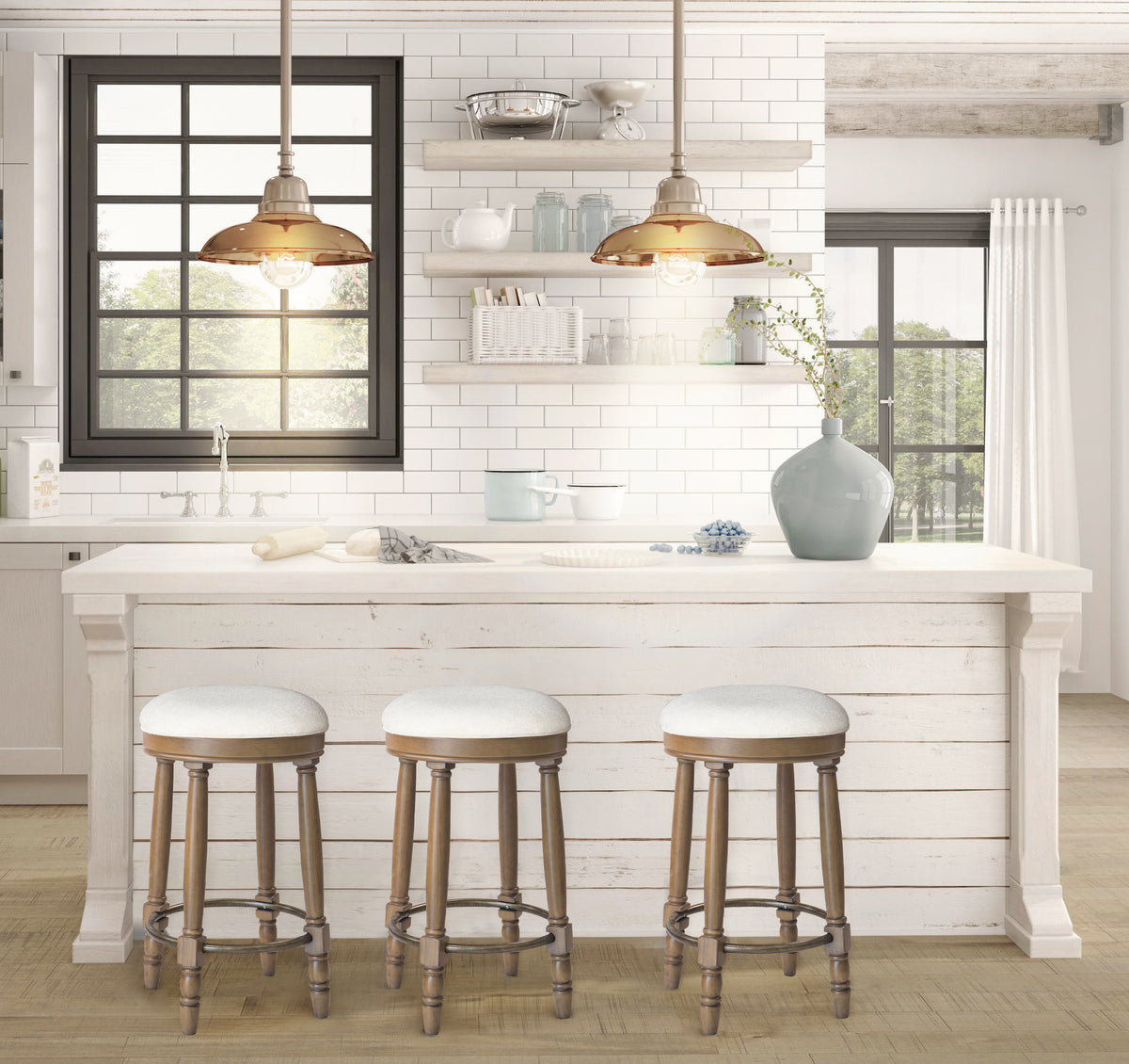 Barstools Set Of 2, 360 Degree Swivel, Accent Wooden Swivel Seat Counter Height Bar Stool,White Fabric Cushioned Seat, Bar Stool Perfect For Dining & Living Room With Light Brown,Natural Height 26"