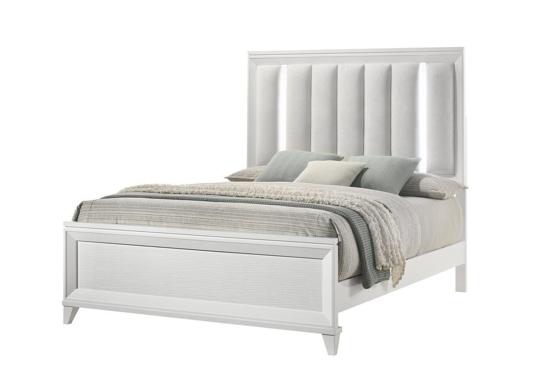 1Pc Queen Size Led Light Linen Look Fabric Upholstered Headboard Panel Bed White Finish Solid Wood Wooden Bedroom Furniture Box Spring Required Queen White Wood Modern Panel Linen Wood Fabric