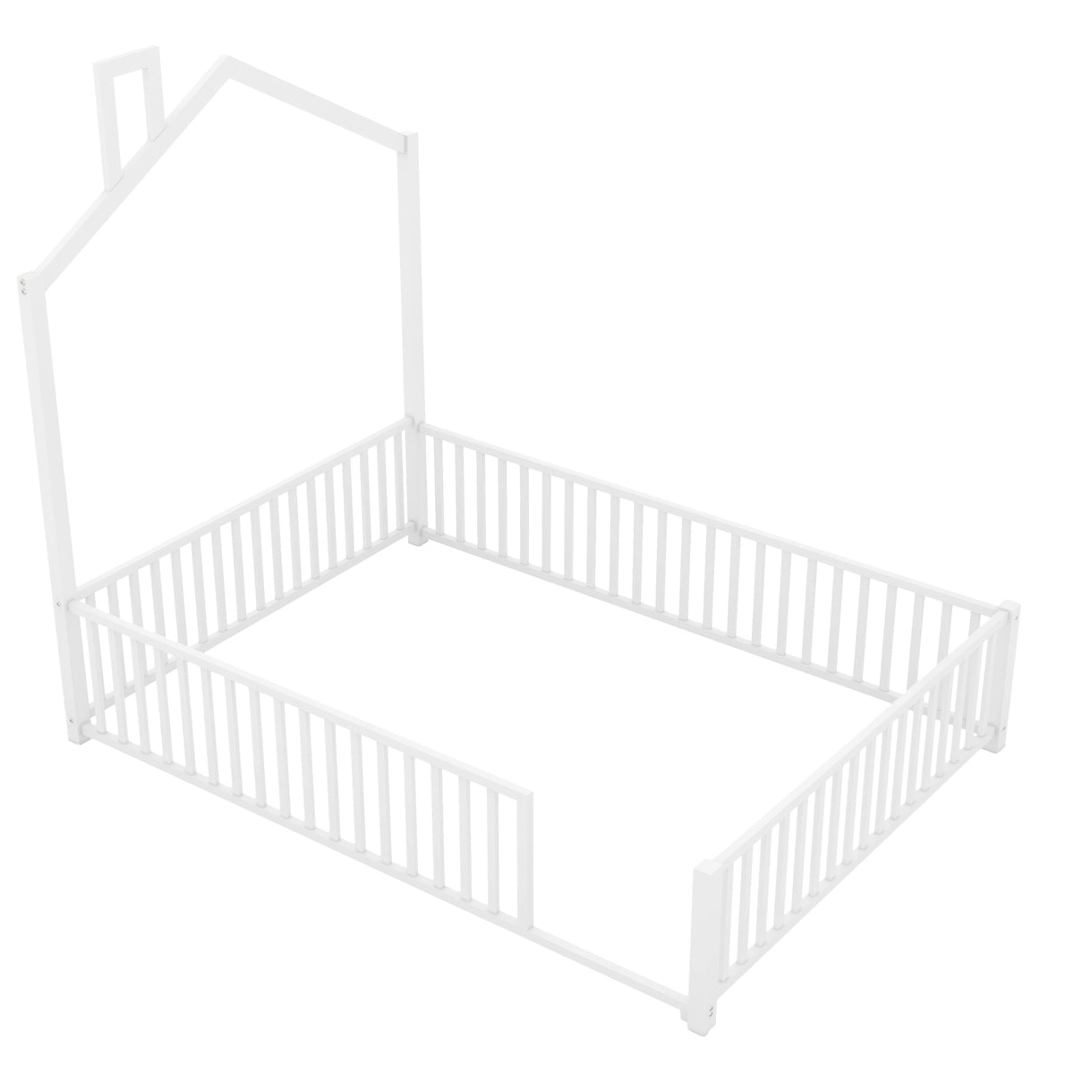Full Size Metal House Platform Bed With Guardrail And Chimney, White Box Spring Not Required Full White Metal Metal