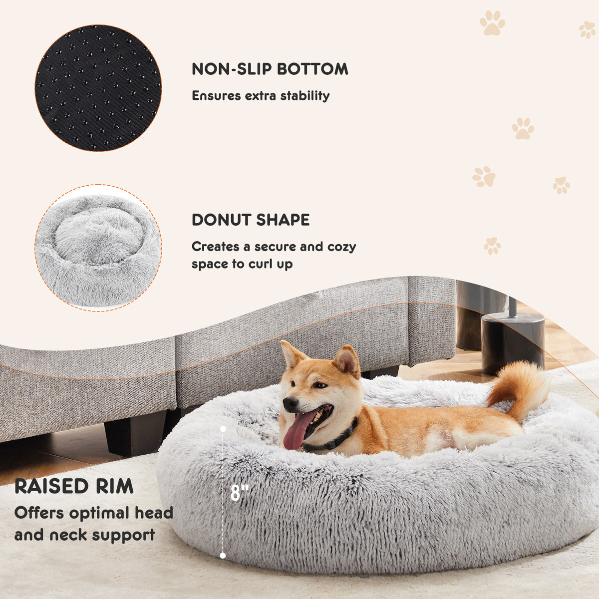 Anti Slip Round Fluffy Plush Faux Fur Cat Bed,Large Gray Gray Fabric