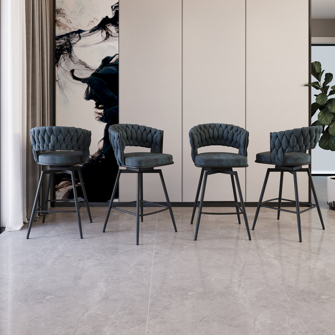 Bar Chair Suede Woven Bar Stool Set Of 4,Black Legs Barstools No Adjustable Kitchen Island Chairs,360 Swivel Bar Stools Upholstered Bar Chair Counter Stool Arm Chairs With Back Footrest, Blue Metal Blue Kitchen Dining Chairs Foam Technical Leather