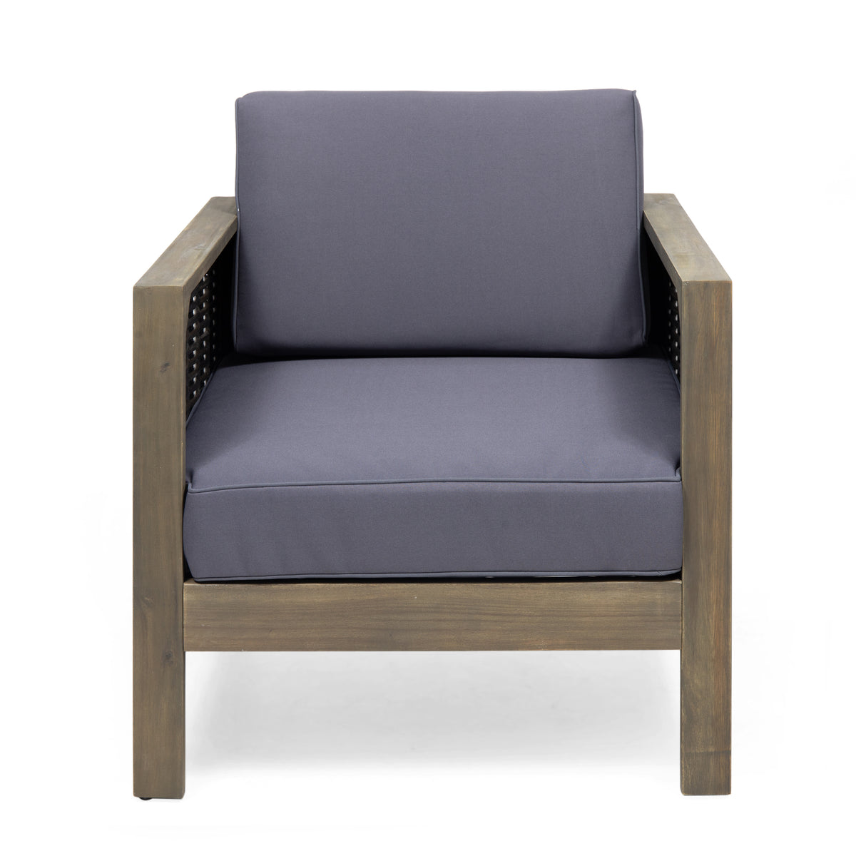 Outdoor Acacia Wood Club Chair With Wicker Accents, Gray Mixed Gray Brown, 30.25"D X 27.5"W X 23.75"H Gray Acacia Wood