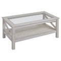 Homcom Farmhouse Style Coffee Table With Wood Frame, Tempered Glass Tabletop And Underneath Storage Shelf, Side Table For Living Room, 39.25