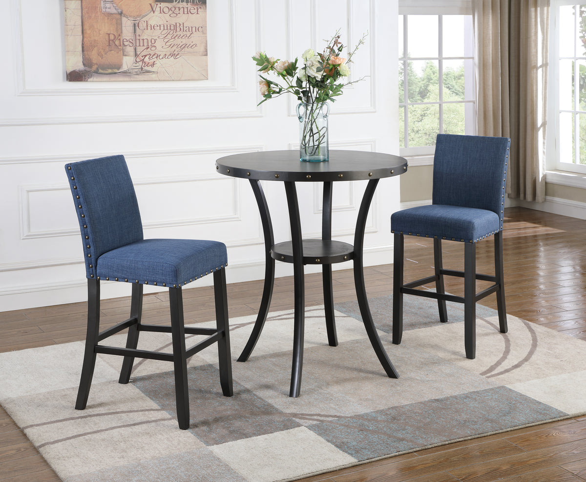 Biony 3 Piece 36" Round Espresso Finish Bar Table With 2 Blue Fabric Nail Head Pub Chairs Wood Brown Seats 2 Metal Round Dining Table With Chair Metal & Wood