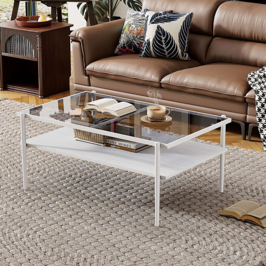 Rectangle Coffee Table With Gray Tempered Glass Top And White Legs, Modern Table For Living Room Gray Tempered Glass