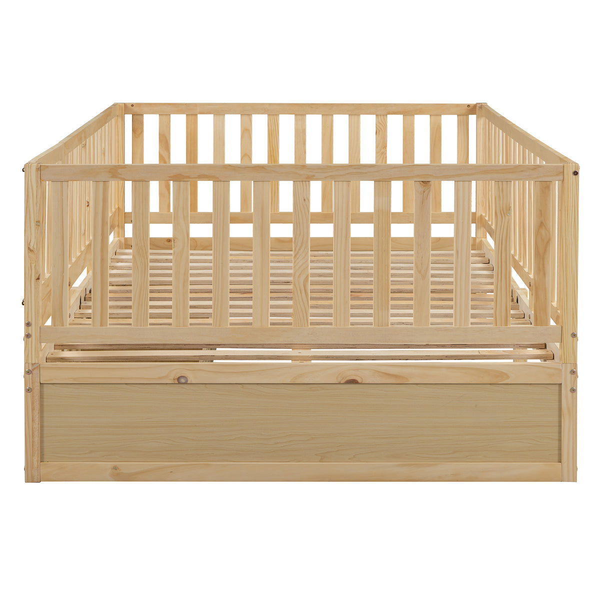 Full Size Wood Daybed With Fence Guardrails And 2 Drawers, Split Into Independent Floor Bed & Daybed, Natural Old Sku :Lp000882Aan Full Natural Solid Wood Mdf