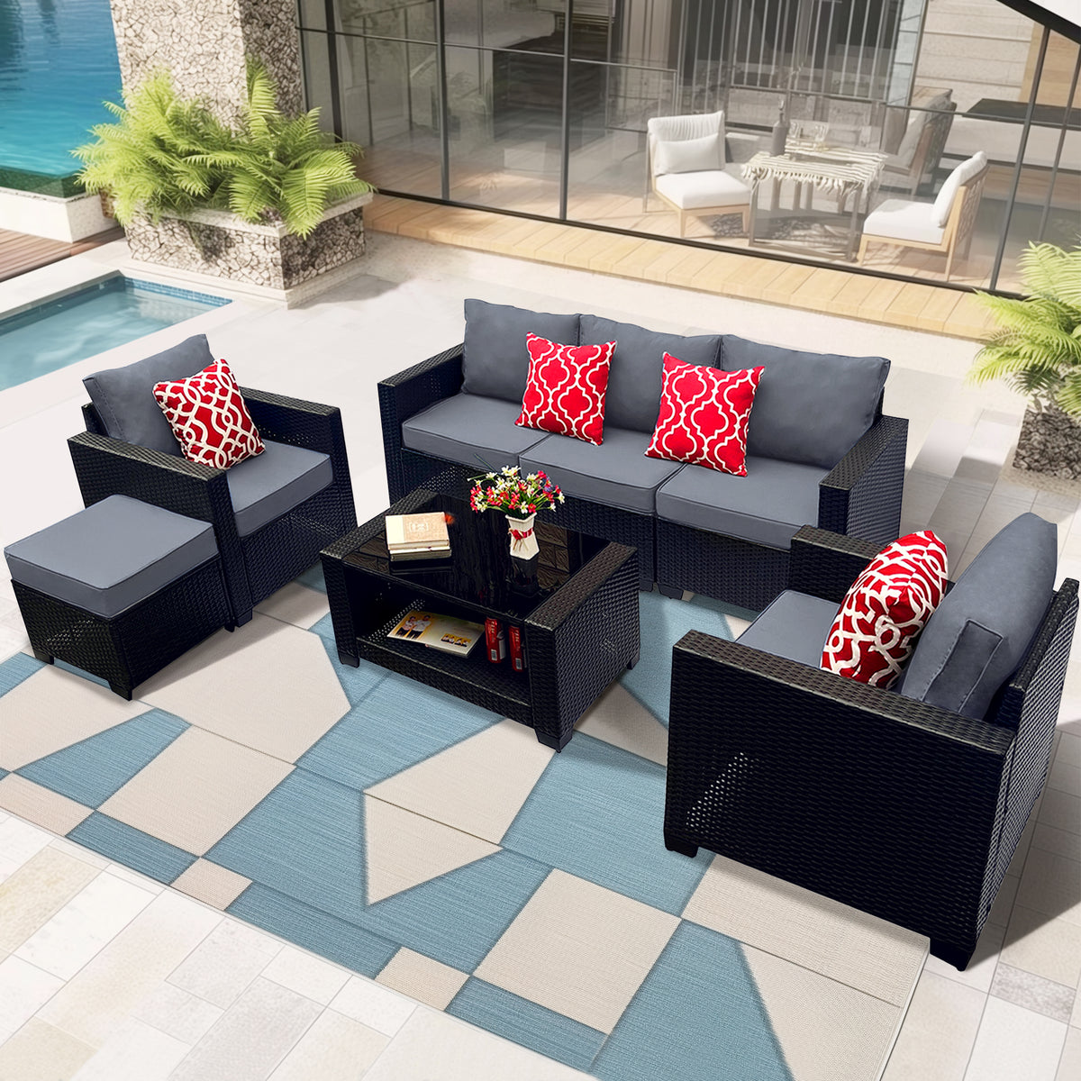 Outdoor Garden Patio Furniture 7 Piece Pe Rattan Wicker Cushioned Sofa Sets And Coffee Table, Patio Furniture Set Outdoor Couch Outdoor Couch Patio Furniture Outdoor Sofa Patio Couch Yes Complete Patio Set Gray Seats 6 Weather Resistant Frame Water