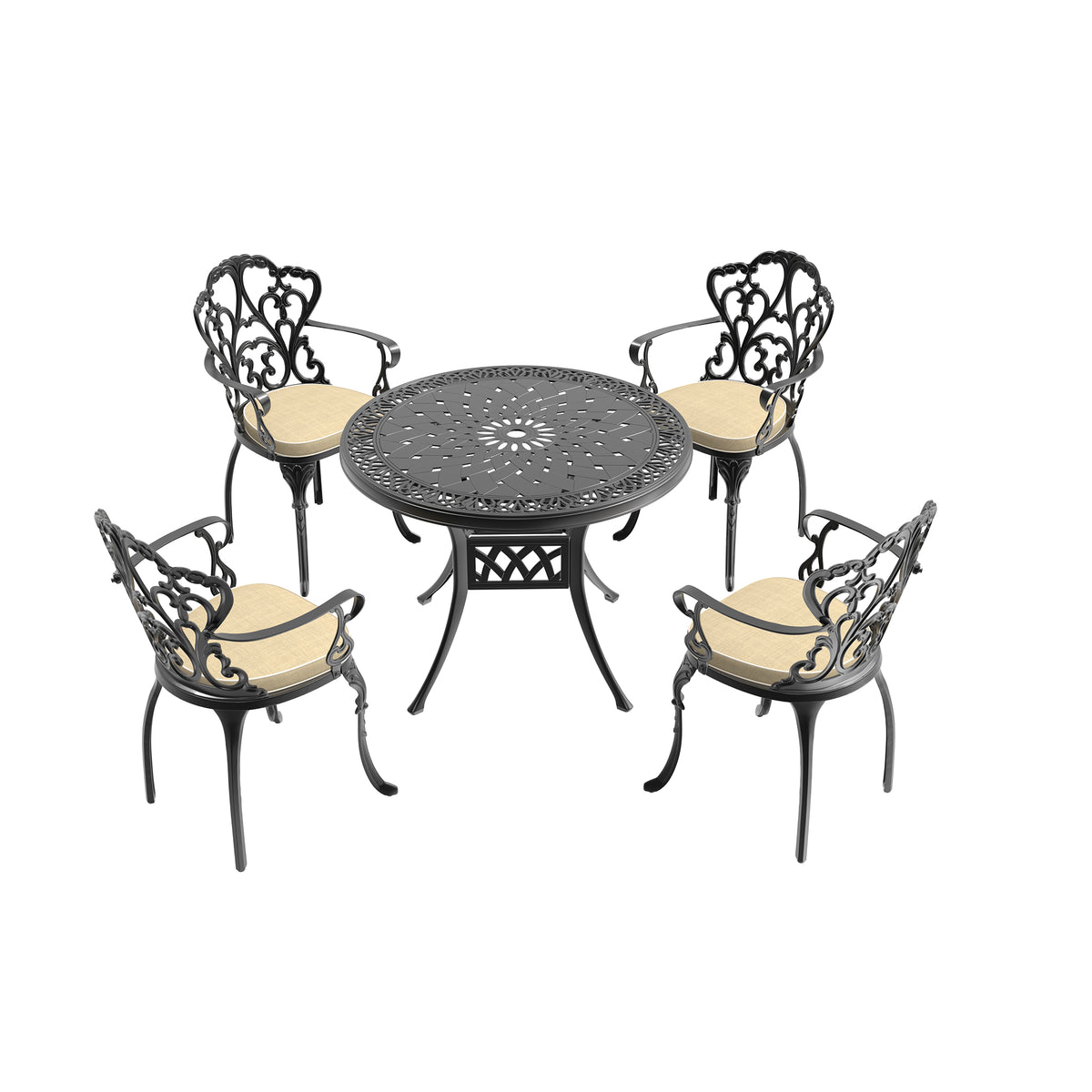 Cushions In Random Colors 5 Piece Set Of Cast Aluminum Patio Furniture With Cushions Yes Dining Set Black Seats 4 Rust Resistant Frame Water Resistant Cushion Garden & Outdoor Complete Patio Sets