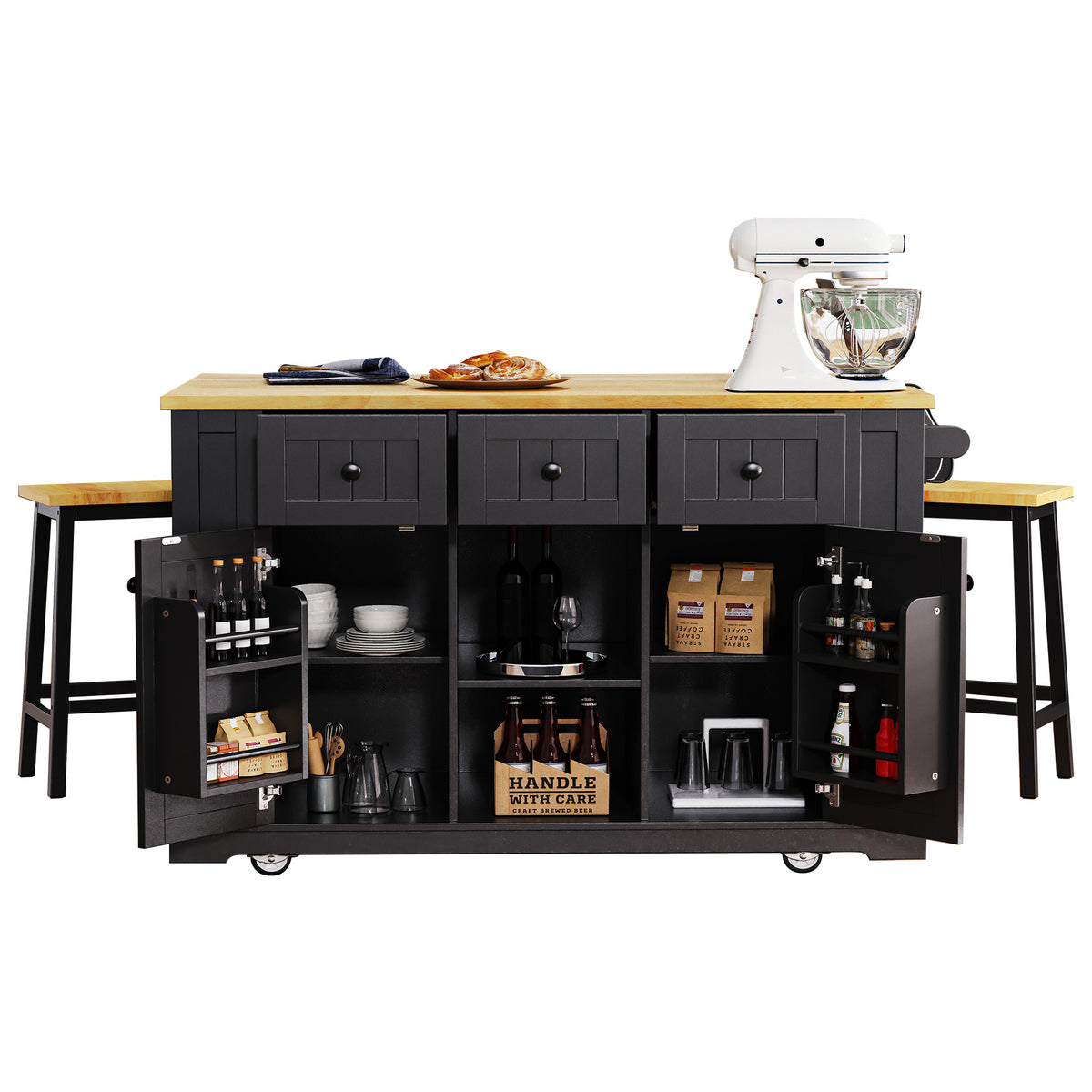 K&K 53Inch Large Kitchen Island With 2 Bar Stools, Power Outlet,Door Internal Storage Rack, Kitchen Storage Cart On 5 Wheels With Drop Leaf, 5 Open Side Racks, 3 Drawers, For Kitchen,Dining