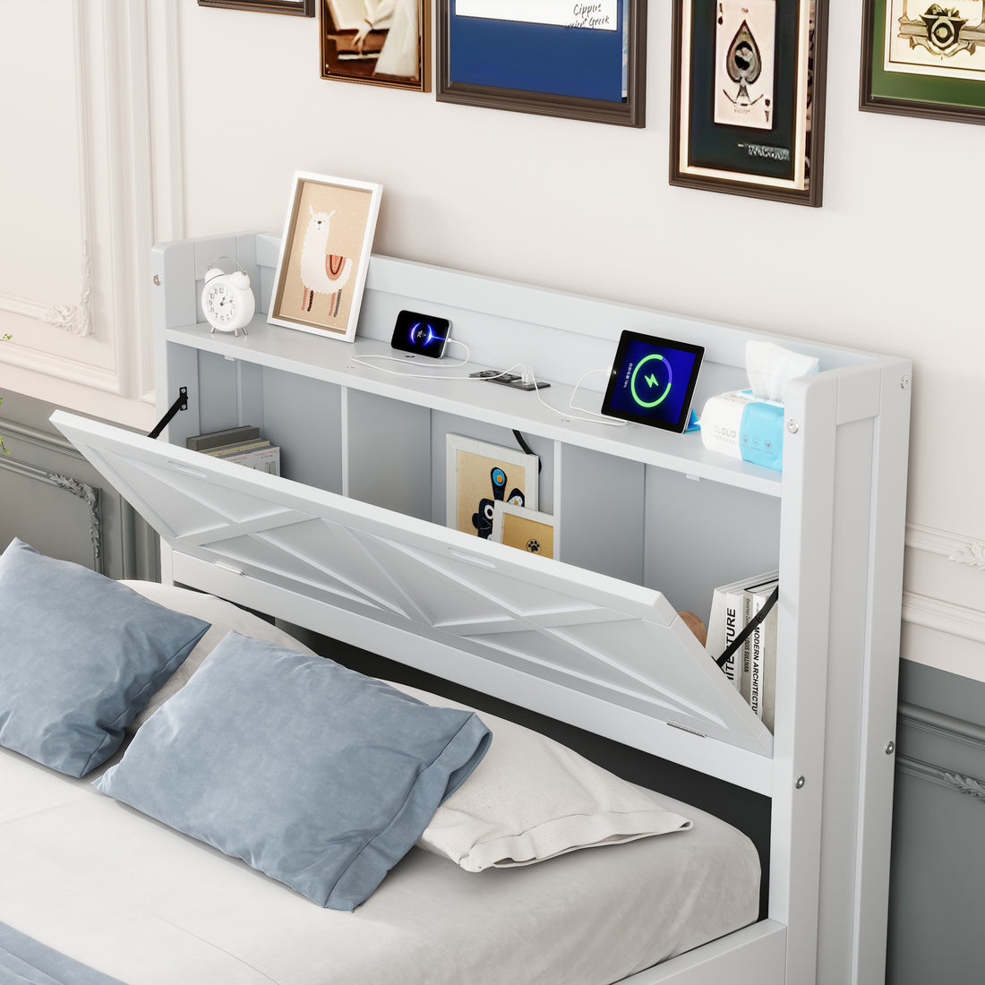 Full Size Wooden Bed With Storage Headboard With Outlets, Extendable Bed With Twin Size Trundle With Three Storage Drawers,White Full White Wood
