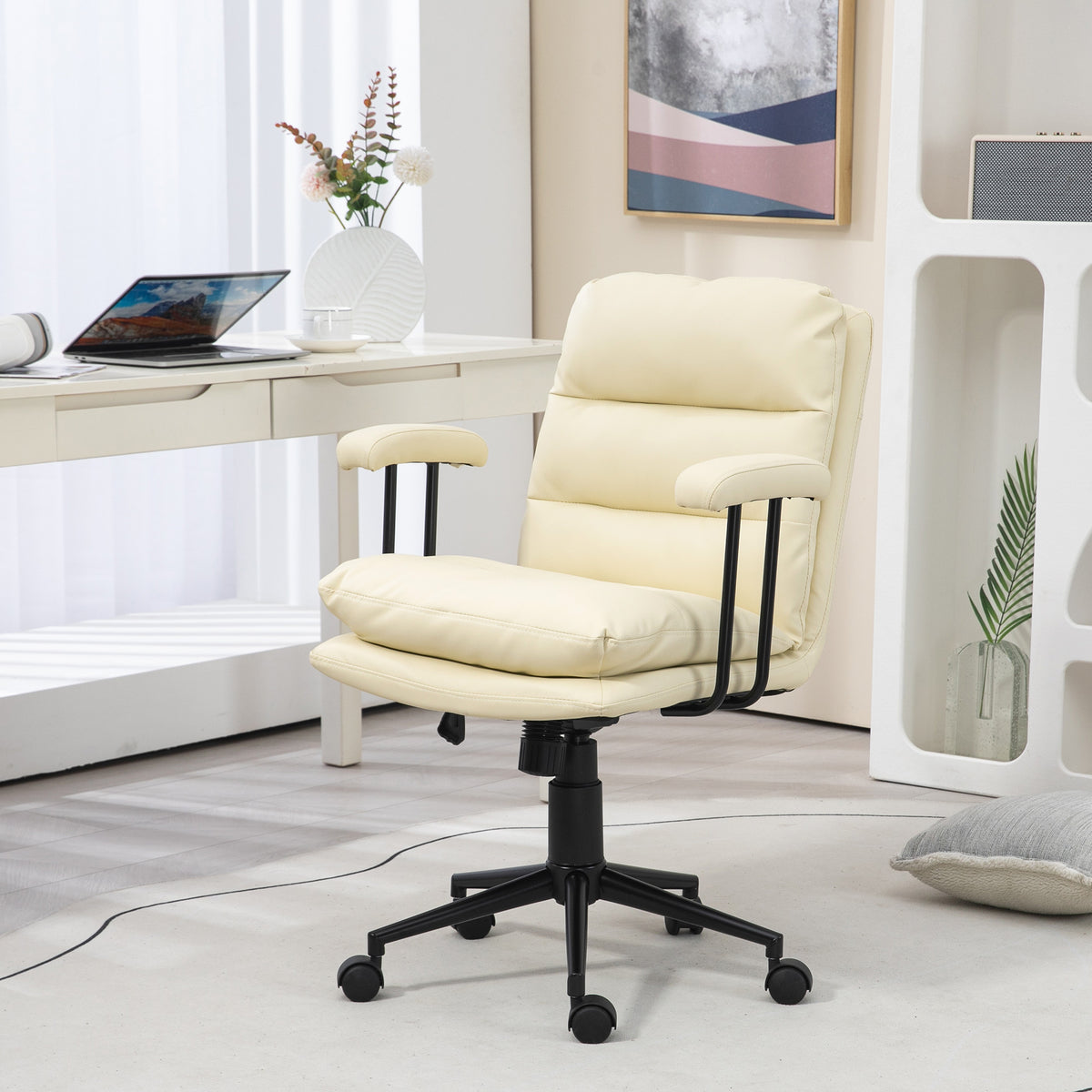 Homcom Pu Leather Office Chair, Office Desk Chair, Task Computer Chair With Swivel Wheels, Adjustable Height, Double Tier Padded, Beige Beige Faux Leather
